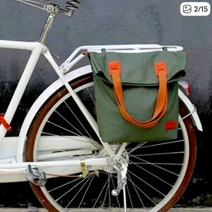 Tourbon Green Canvas Tote Bike Bag with Tan Leather Straps